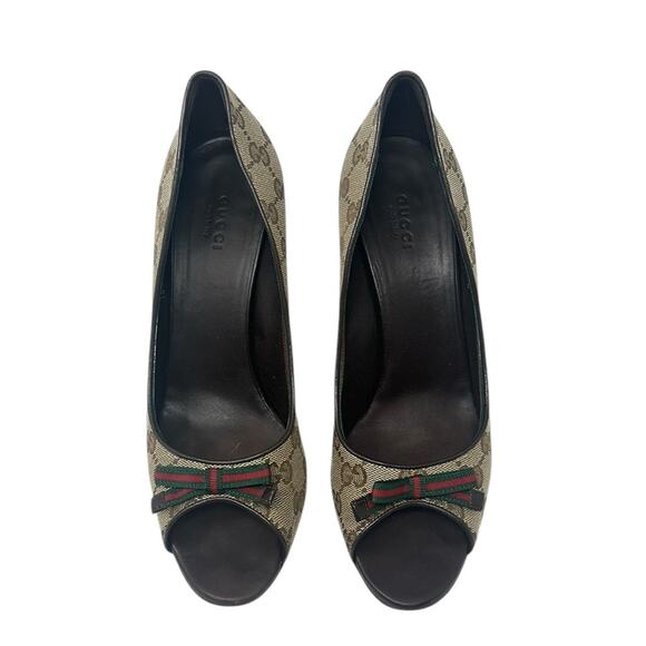Gucci Monogram Guccissima Supreme Canvas Web Bow Sandals Heels Pumps Size 8.5B - Picture 3 of 10